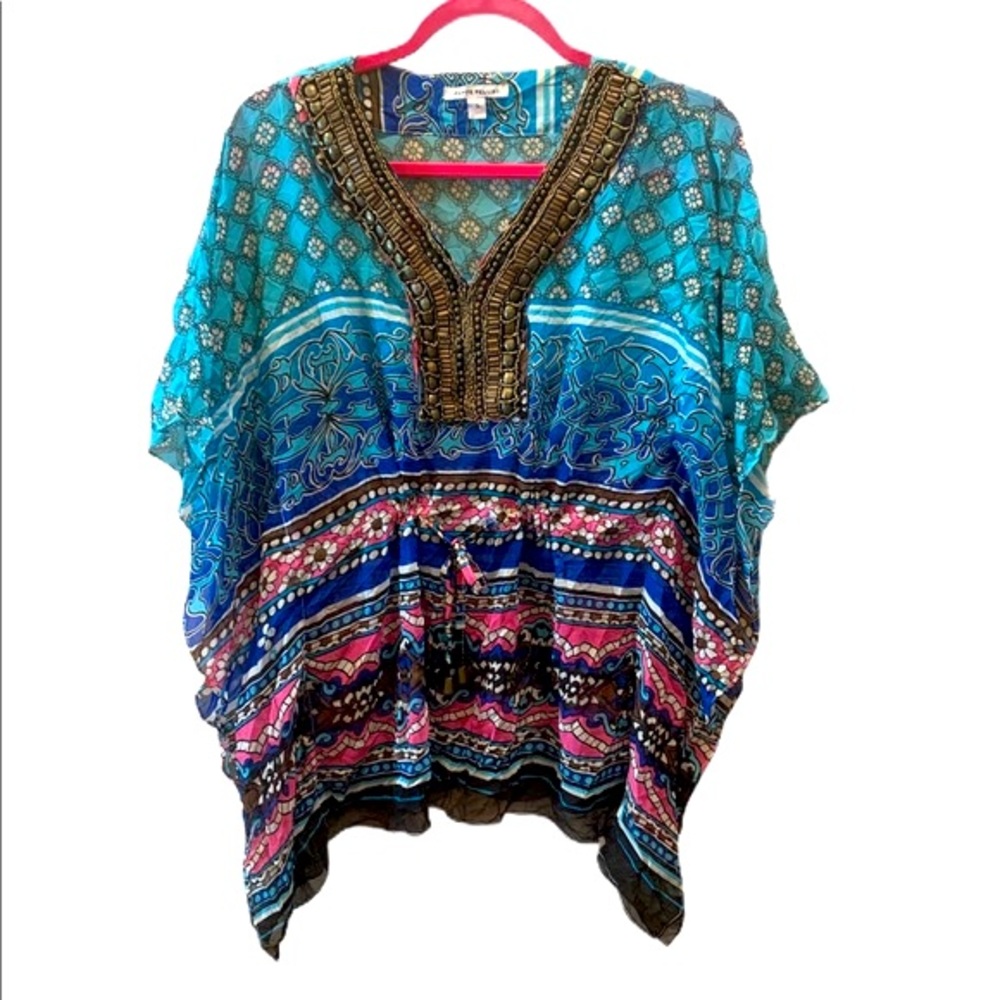 Peppe Peluso Women’s Boho Sheer Embellished Aztec Tunic Blouse NWOT